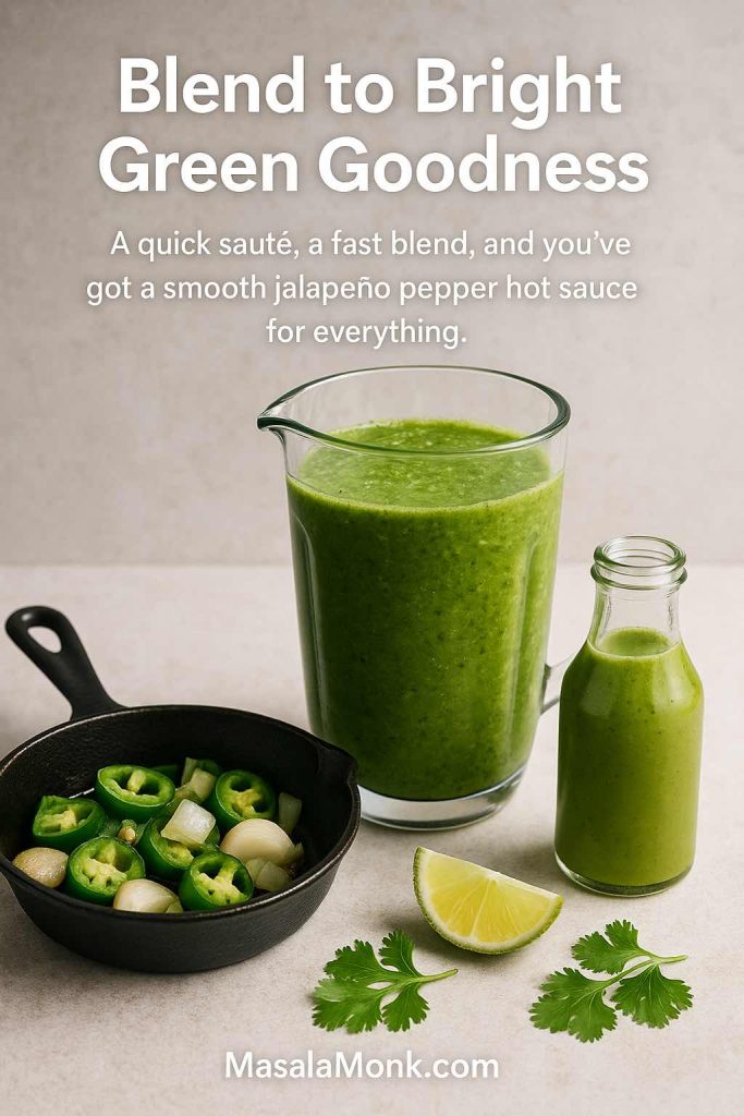 Vertical food photo showing the process of making green jalapeno hot sauce with sautéed jalapenos and onions in a skillet, a jug of blended green sauce and a small bottle of finished jalapeno pepper sauce with lime and coriander.”