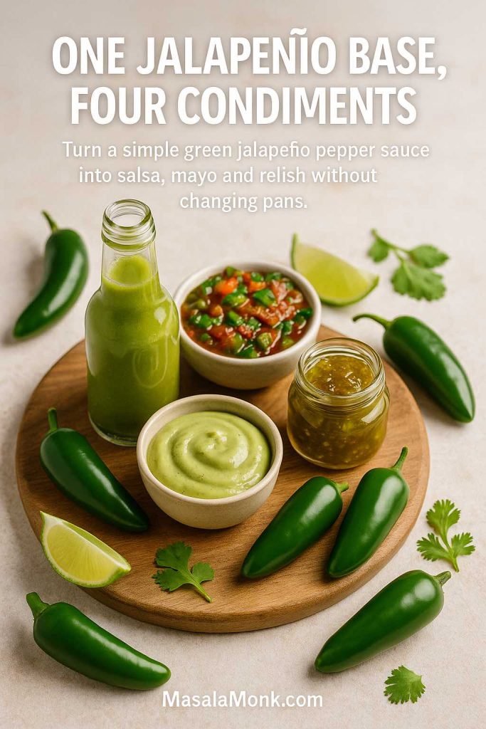 Board with a bottle of green jalapeno pepper sauce, a bowl of jalapeno salsa, creamy jalapeno mayo and a jar of jalapeno relish or hot pepper jelly surrounded by fresh jalapenos, lime wedges and coriander.