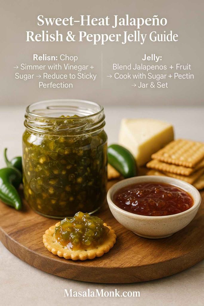 Jar of chunky jalapeno relish and a bowl of glossy pepper jelly on a wooden board with crackers, cheese and fresh jalapenos, with text explaining how to make relish and jelly.