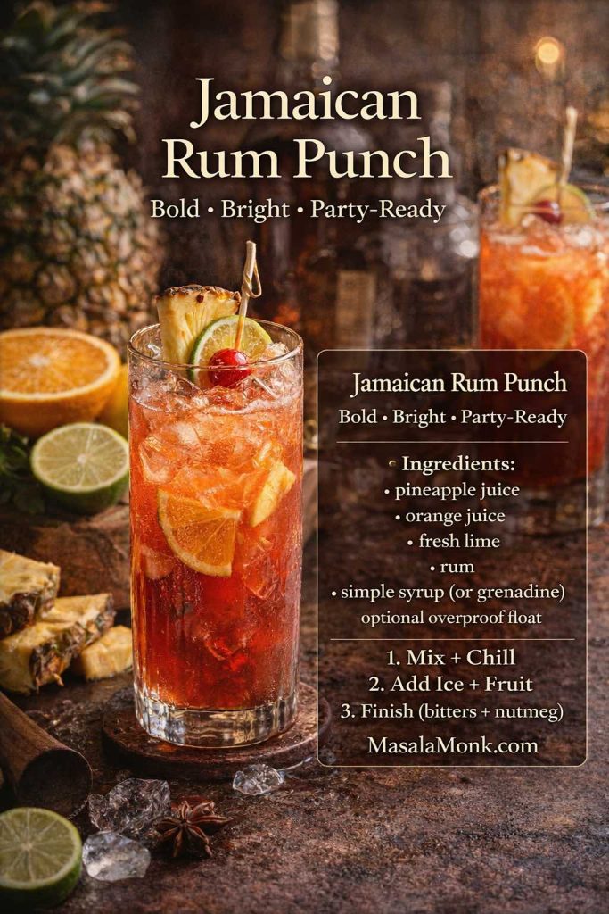 Jamaican rum punch in a tall glass with pineapple and lime garnish, featuring a recipe-card overlay with ingredients and steps for Jamaican rum punch.
