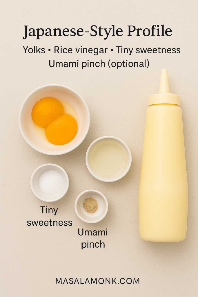 Japanese-style mayo guide showing yolks, rice vinegar, tiny sweetness, and an optional umami pinch to build the signature flavour.