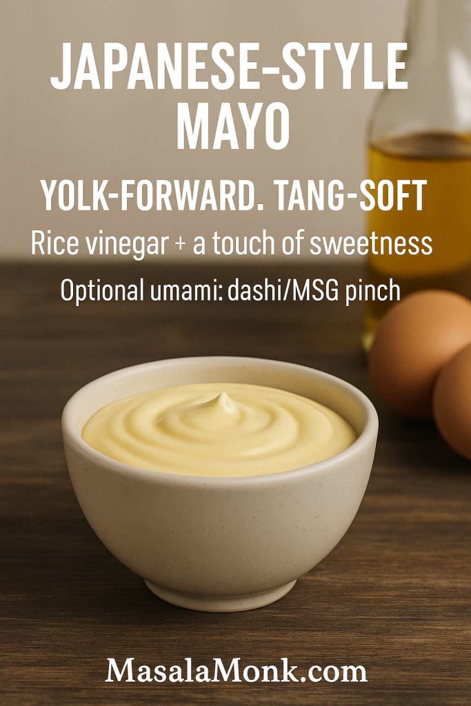 Japanese style mayo recipe card showing yolk-forward mayonnaise made with rice vinegar, a touch of sweetness, and optional umami.