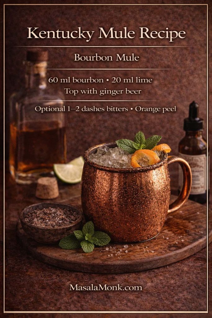 Kentucky Mule recipe card (bourbon mule) showing a copper mug with crushed ice, mint and orange peel, plus text with measurements (60 ml bourbon, 20 ml lime, top with ginger beer) and optional bitters, with MasalaMonk.com branding.