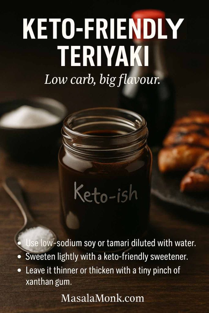A vertical keto teriyaki guide card showing a jar labeled “Keto-ish” with soy sauce, keto sweetener and grilled chicken in the background, along with text explaining how to make a low-carb teriyaki using tamari, keto sweeteners and xanthan gum.