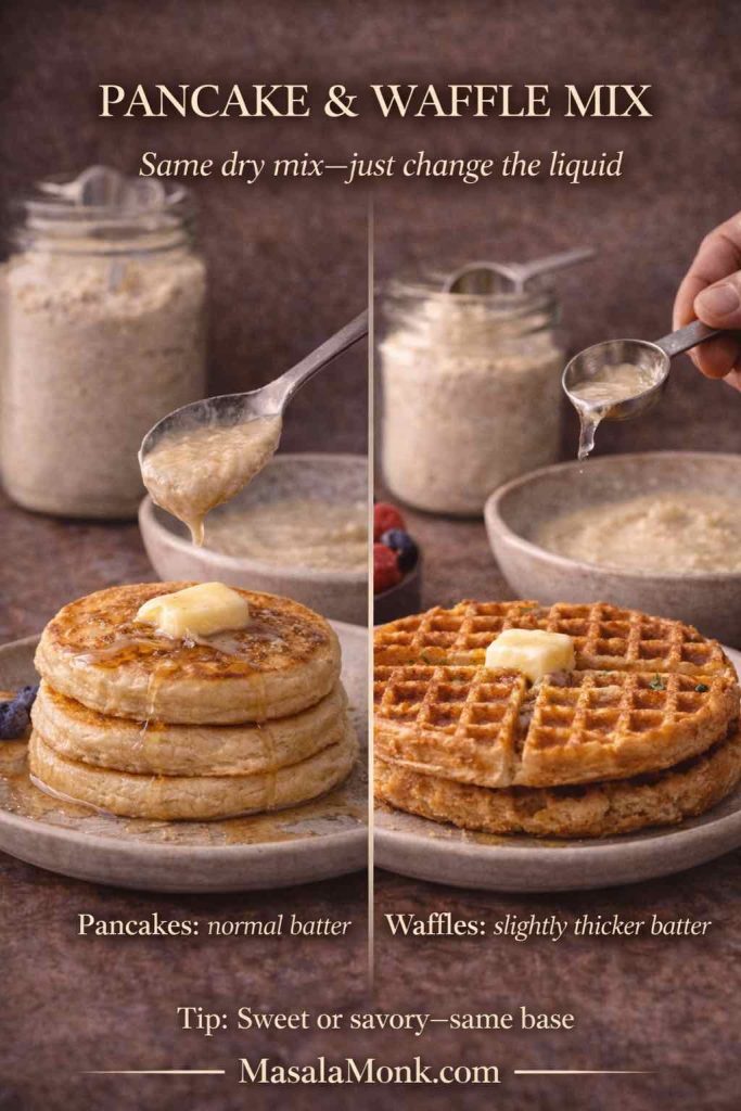 Split guide image showing keto pancake and waffle mix made from the same dry mix—pancakes with normal batter on one side and waffles with slightly thicker batter on the other.
