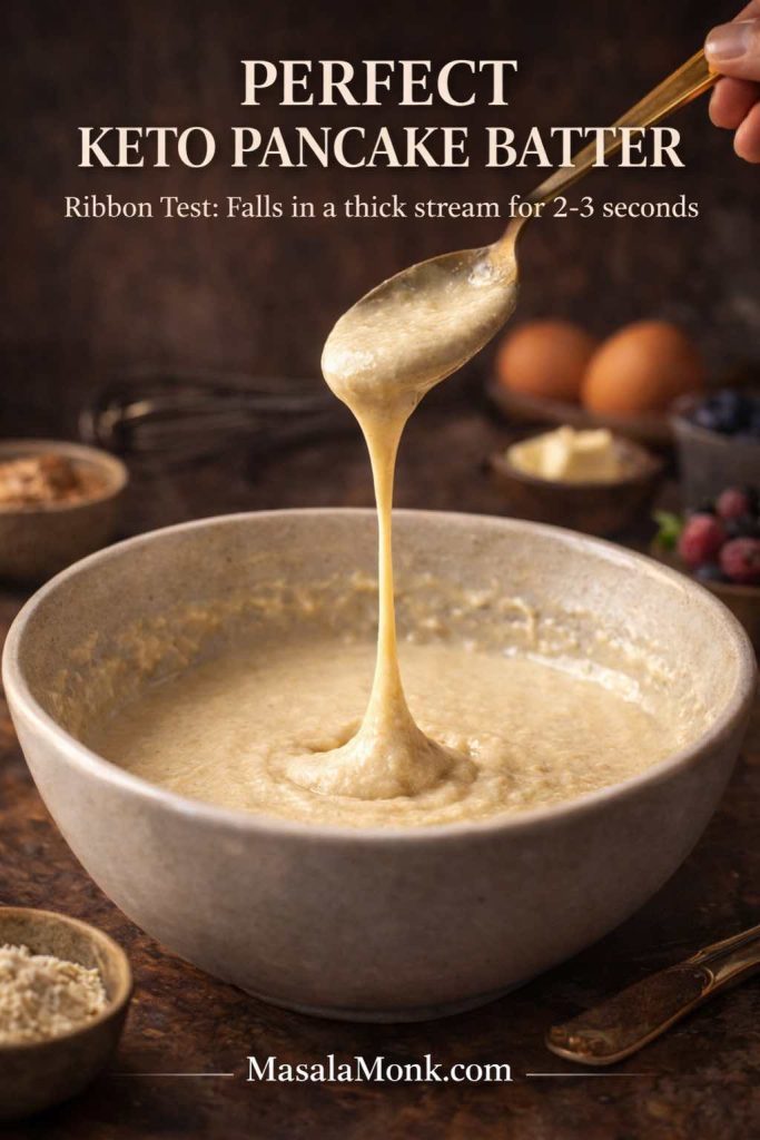 Close-up of keto pancake batter falling in a thick ribbon from a spoon into a bowl, showing the ideal batter consistency for fluffy low carb pancakes.