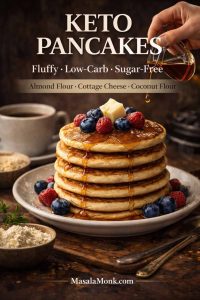 Photo-realistic magazine-style cover of fluffy keto pancakes stacked with berries and butter, syrup being poured, text overlay “Keto Pancakes” and “Fluffy • Low-Carb • Sugar-Free,” MasalaMonk.com in footer.
