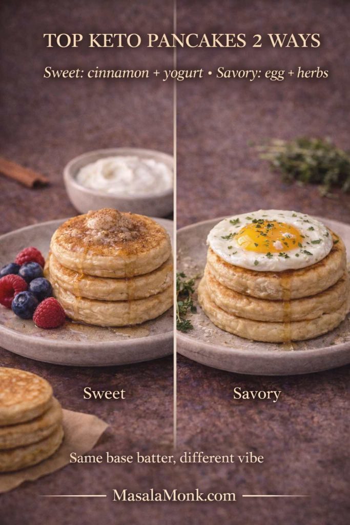 Use the same keto pancake base to switch up breakfast: go sweet with cinnamon and yogurt plus berries, or go savory with an egg and herbs for a filling low carb option that doesn’t rely on syrup.