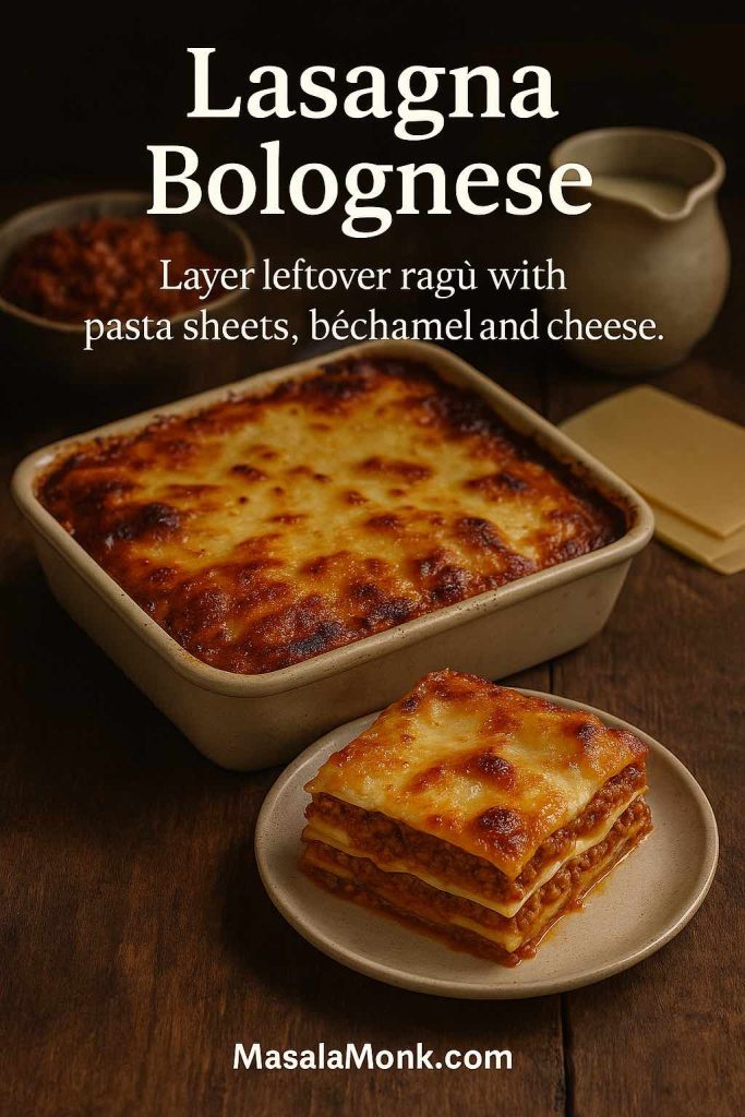 Portrait image of lasagna bolognese in a baking dish with a sliced square on a plate in front, showing layers of bolognese ragù, béchamel, pasta sheets and melted cheese, with the text “Lasagna Bolognese – Layer leftover ragù with pasta sheets, béchamel and cheese”.