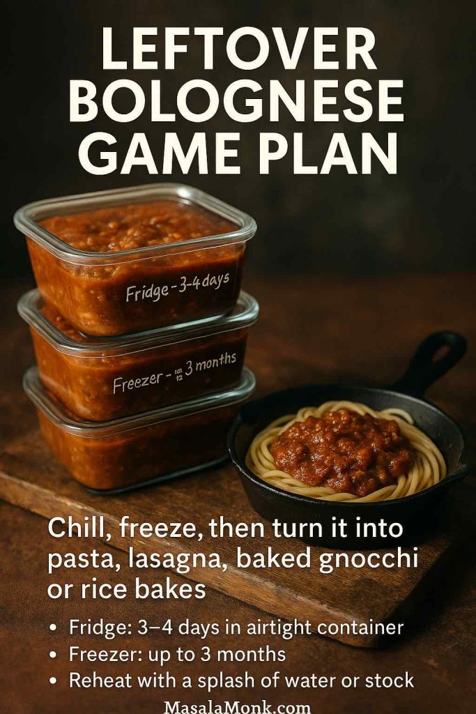Portrait image titled “Leftover Bolognese Game Plan”, showing glass containers of bolognese labeled for fridge and freezer storage alongside a small pan of spaghetti, with text giving tips on how long to keep, freeze and reheat the sauce.