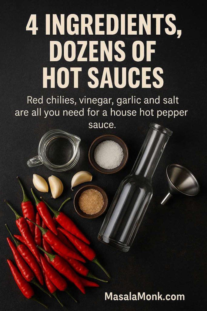 Overhead view of ingredients for Louisiana-style hot pepper sauce including red chilies, garlic cloves, white vinegar, salt, brown sugar, an empty glass bottle and a small funnel on a dark background.