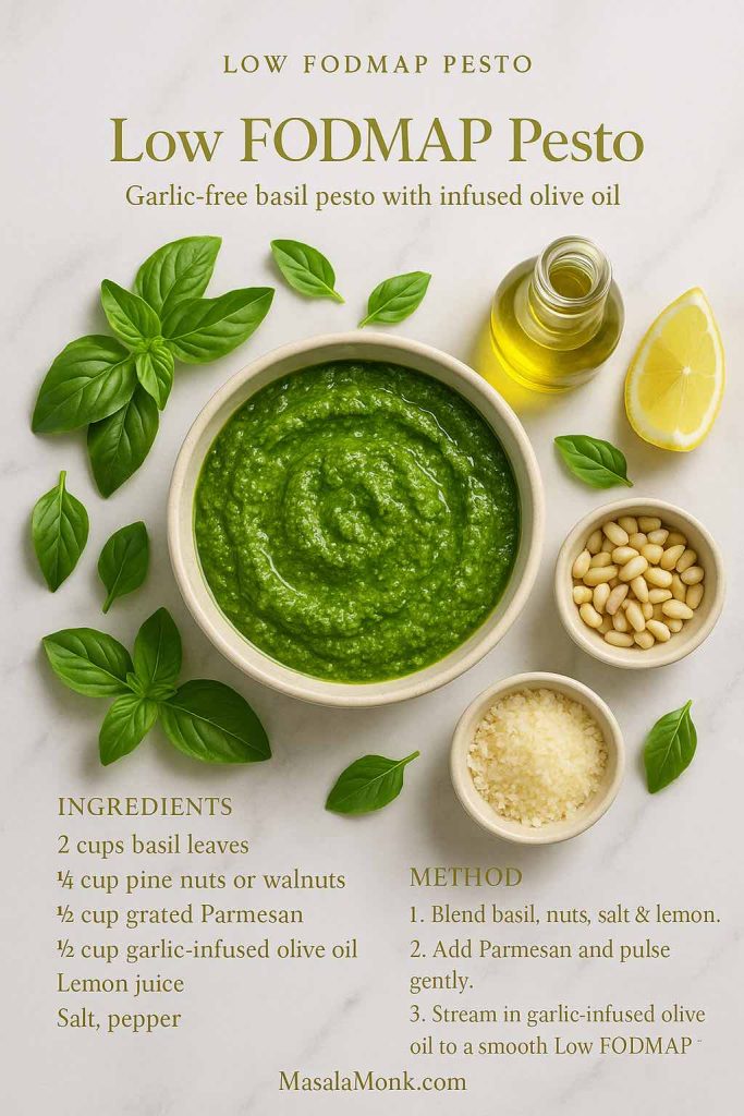 Low FODMAP Pesto recipe card on white marble with a bowl of garlic-free basil pesto, fresh basil leaves, pine nuts, garlic-infused olive oil, Parmesan, lemon wedge and printed ingredients and method – MasalaMonk.