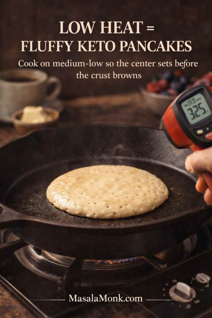 Keto pancake cooking on a skillet with an infrared thermometer showing 325°F, demonstrating medium-low heat for fluffy low carb pancakes.