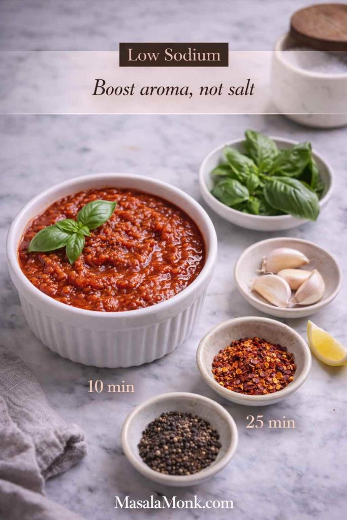 Bowl of low sodium marinara sauce with basil, garlic, chili flakes, black pepper, and lemon on a marble counter, showing flavor boosters used instead of extra salt.
