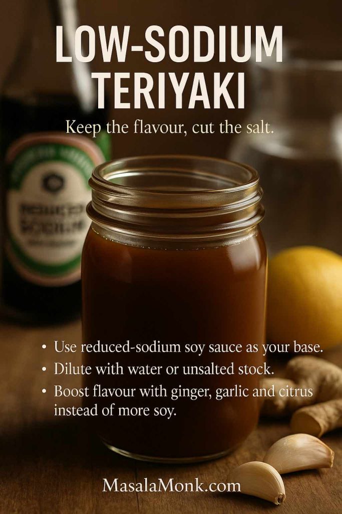 Vertical low-sodium teriyaki guide card showing a jar of teriyaki sauce on a wooden surface with a low-sodium soy bottle, lemon, ginger and garlic in the background, plus text explaining how to dilute soy sauce and boost flavour with aromatics instead of salt.
