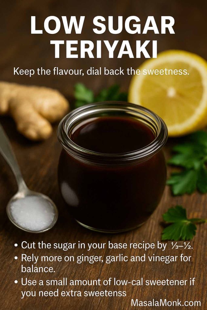 Guide image showing a jar of low sugar teriyaki sauce with a half-filled spoon of sugar, fresh ginger and lemon on a wooden table, with text explaining how to reduce sugar and boost aromatics and acidity in teriyaki sauce.