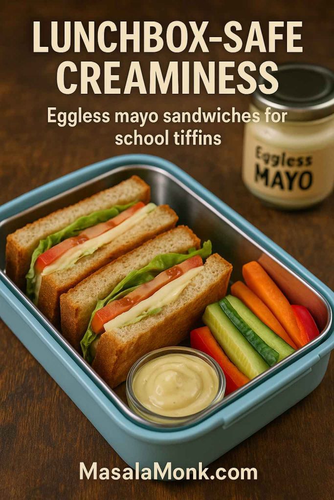 Open school lunchbox filled with eggless mayo vegetable sandwiches, veggie sticks and a small bowl of creamy egg free mayo, with a jar labelled Eggless Mayo in the background.