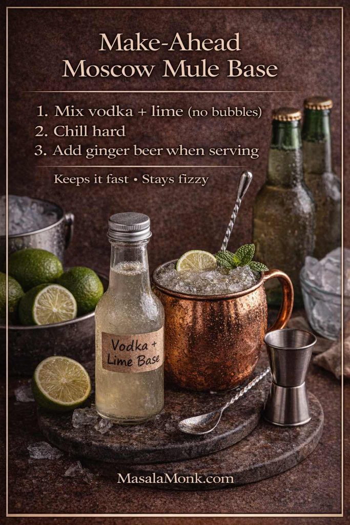 Make-ahead Moscow Mule base: mix vodka + fresh lime (no bubbles), chill it hard, then pour over ice and add ginger beer only when serving—so every Moscow Mule stays bright, cold, and properly fizzy.