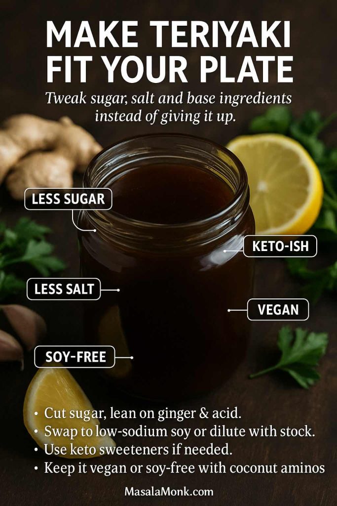 Vertical guide image showing a jar of teriyaki sauce surrounded by ginger, lemon and herbs, with overlay text highlighting options such as less sugar, less salt, keto-ish, vegan and soy-free, and tips for adapting teriyaki sauce to different diets.