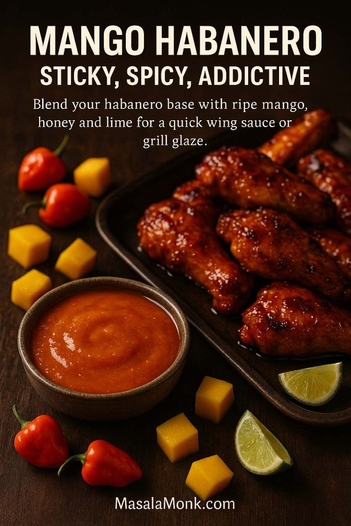 Plate of crispy chicken wings coated in glossy mango habanero sauce with a bowl of bright orange mango and habanero wing sauce, fresh habanero peppers, mango cubes and lime wedges on a dark wooden table.