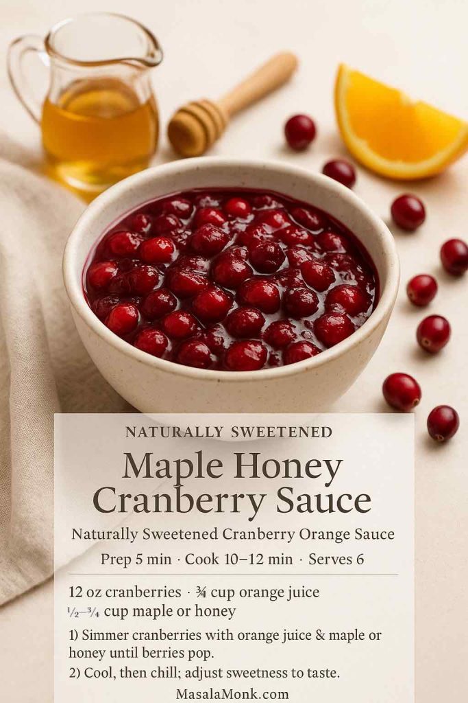 Naturally sweetened maple honey cranberry sauce in a rustic ceramic bowl, surrounded by a honey dipper, maple syrup jug, orange slice and fresh cranberries, with a text overlay mini recipe card for naturally sweetened cranberry orange sauce from MasalaMonk.com.