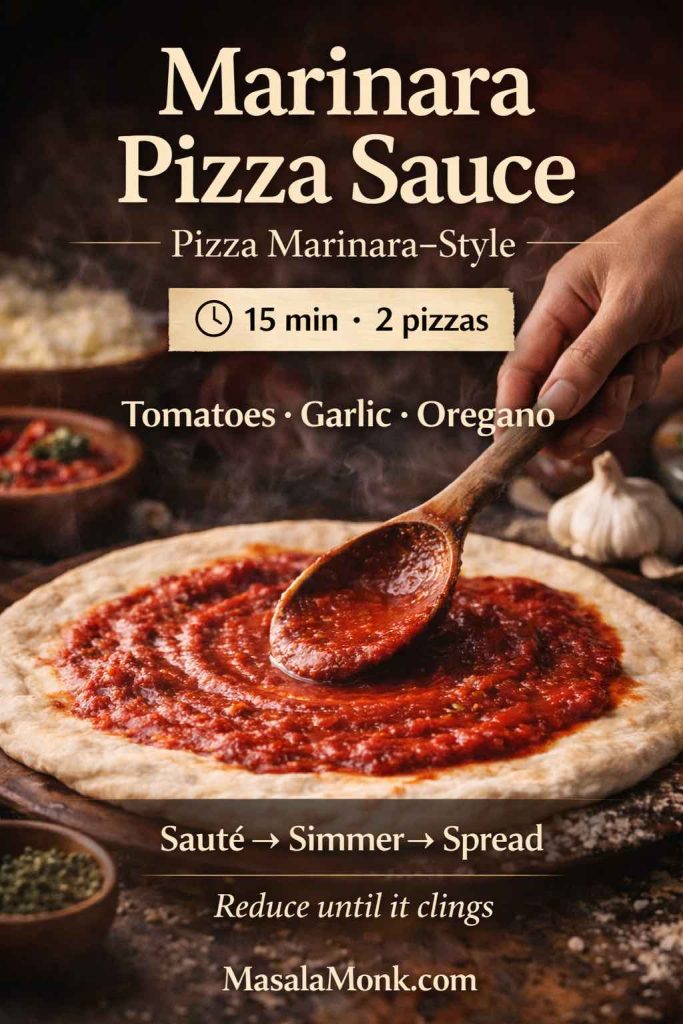 Marinara pizza sauce recipe card showing sauce being spread on pizza dough with quick steps (sauté, simmer, spread) and key ingredients.