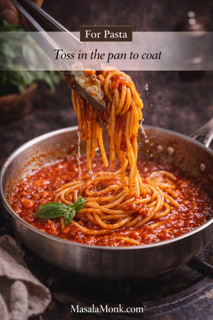 Spaghetti being lifted with tongs from a skillet of marinara sauce, showing how to toss pasta in the sauce for a glossy coating.