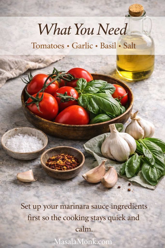 Flat lay of tomatoes, garlic, basil, olive oil, salt, and chili flakes on a marble counter for a homemade marinara sauce recipe.