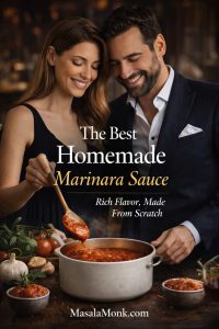 A couple stirring a pot of homemade marinara sauce in a warm, elegant kitchen with fresh tomatoes, garlic, and basil on the counter.