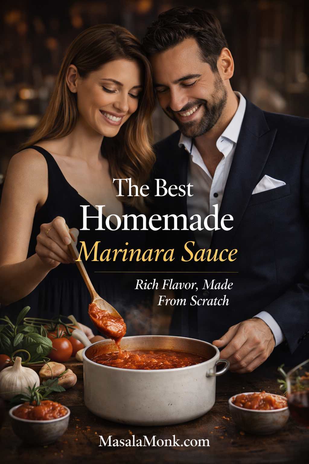A couple stirring a pot of homemade marinara sauce in a warm, elegant kitchen with fresh tomatoes, garlic, and basil on the counter.