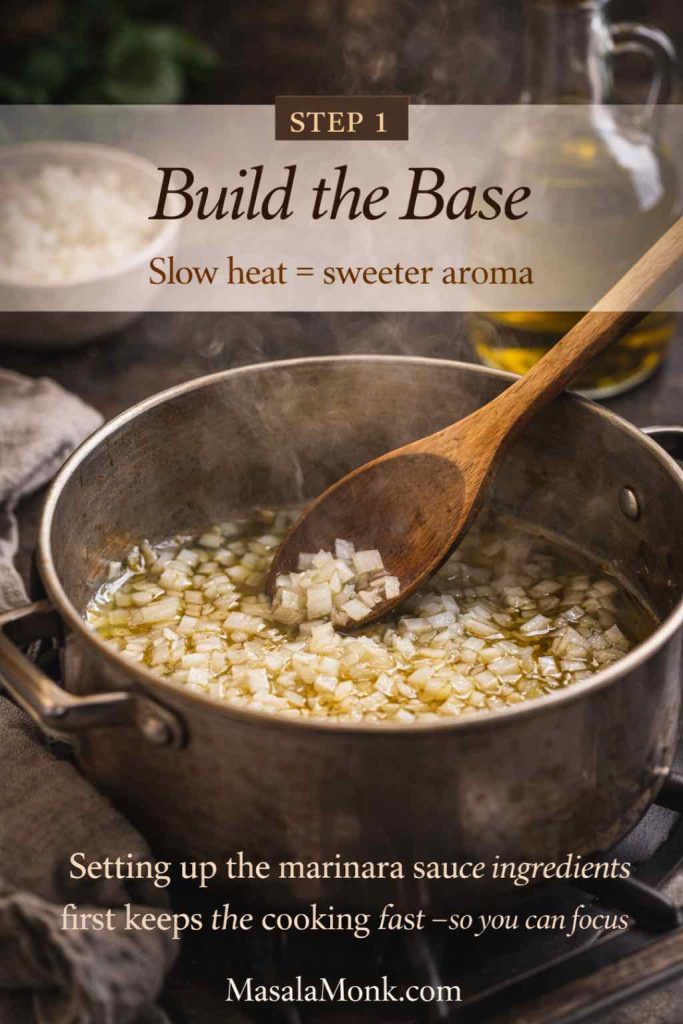 Chopped onion softening in olive oil in a saucepan with a wooden spoon, showing step 1 of a homemade marinara sauce recipe.