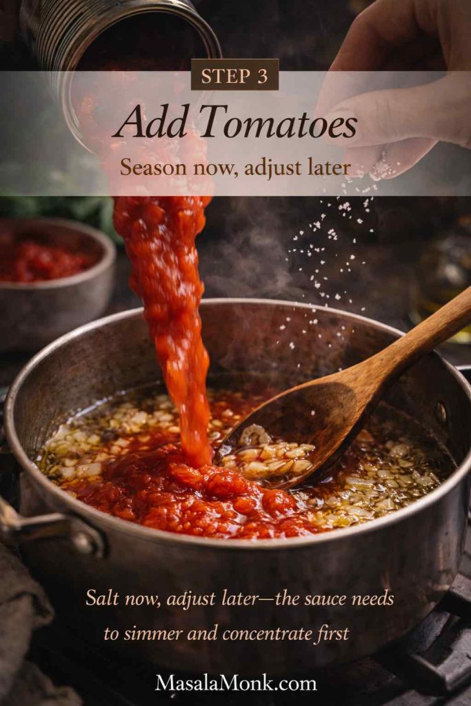 Crushed tomatoes being poured into a saucepan with softened onion and garlic, while salt is sprinkled in, showing step 3 of a homemade marinara sauce recipe.