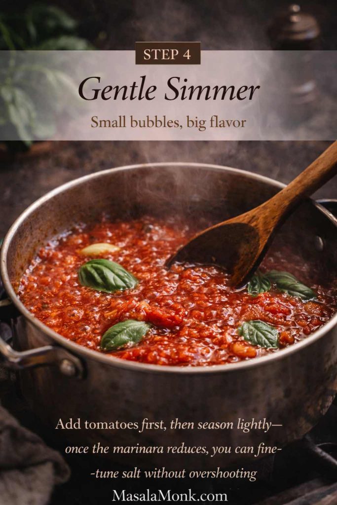 Marinara sauce gently simmering in a saucepan with small bubbles and basil leaves, showing step 4 of a homemade marinara sauce recipe.