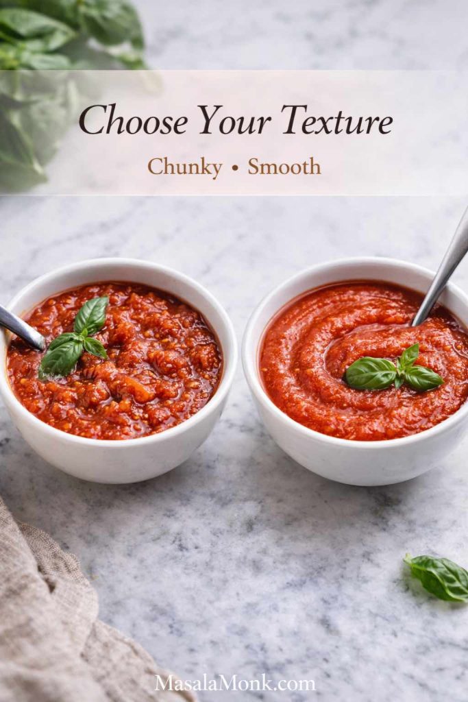 Two bowls of marinara sauce on a marble counter, one chunky and one smooth, showing texture options for homemade marinara sauce.