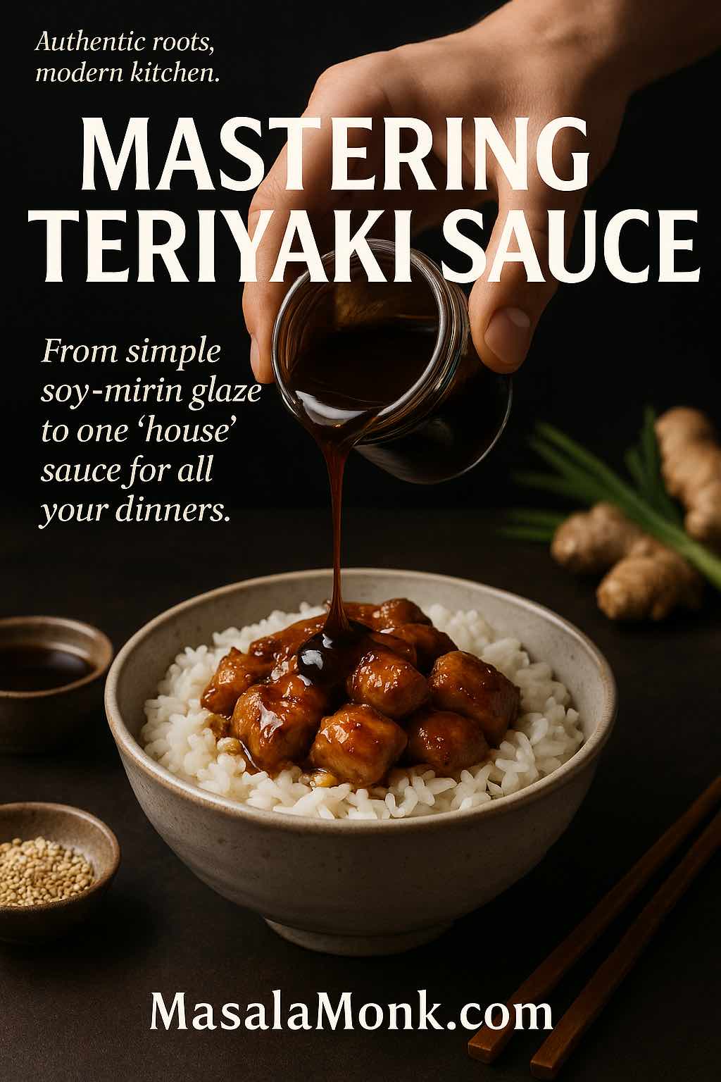 Hand pouring glossy teriyaki sauce over a bowl, with the headline ‘Mastering Teriyaki Sauce’ on a premium magazine-style cover for MasalaMonk.