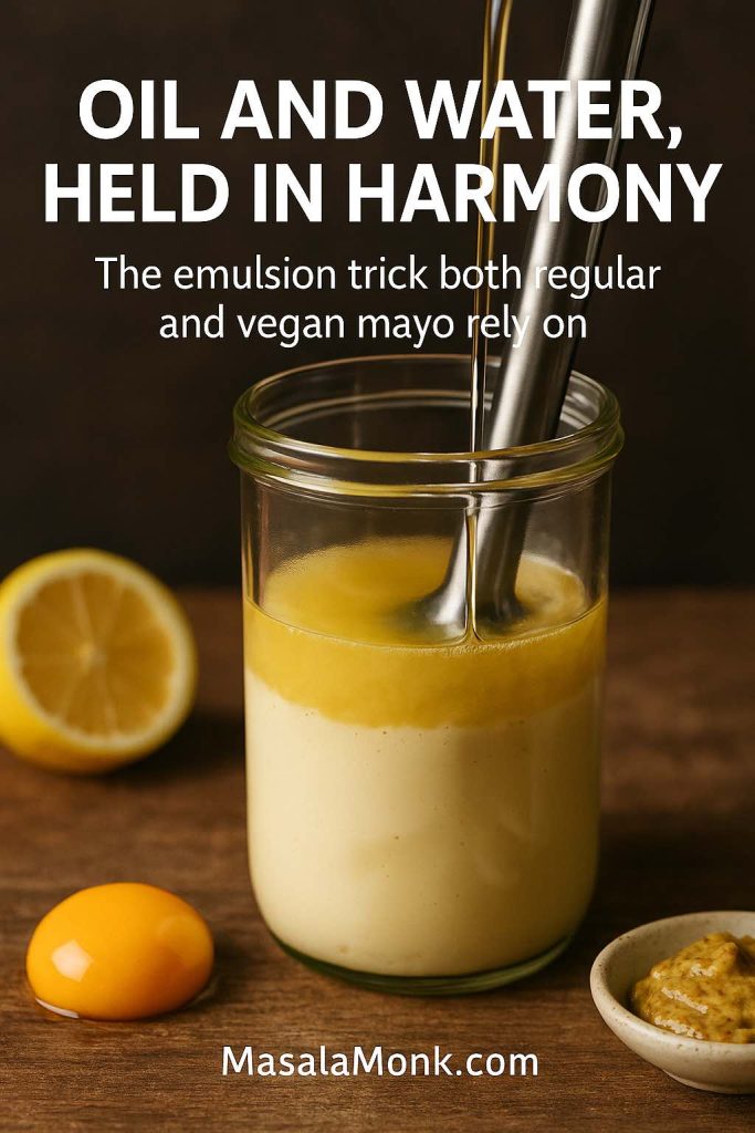 A wooden board holding four glass bowls of base liquid, lemon wedges, chopped herbs and neutral oil in front of a jar of creamy vegan mayo, showing the simple formula behind vegan mayonnaise.