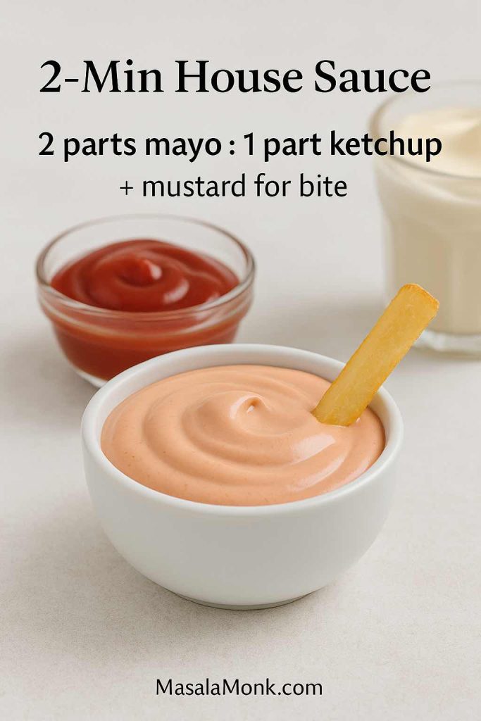 Mayo and ketchup sauce recipe card showing a 2:1 mayo-to-ketchup fry sauce ratio with a French fry dip.