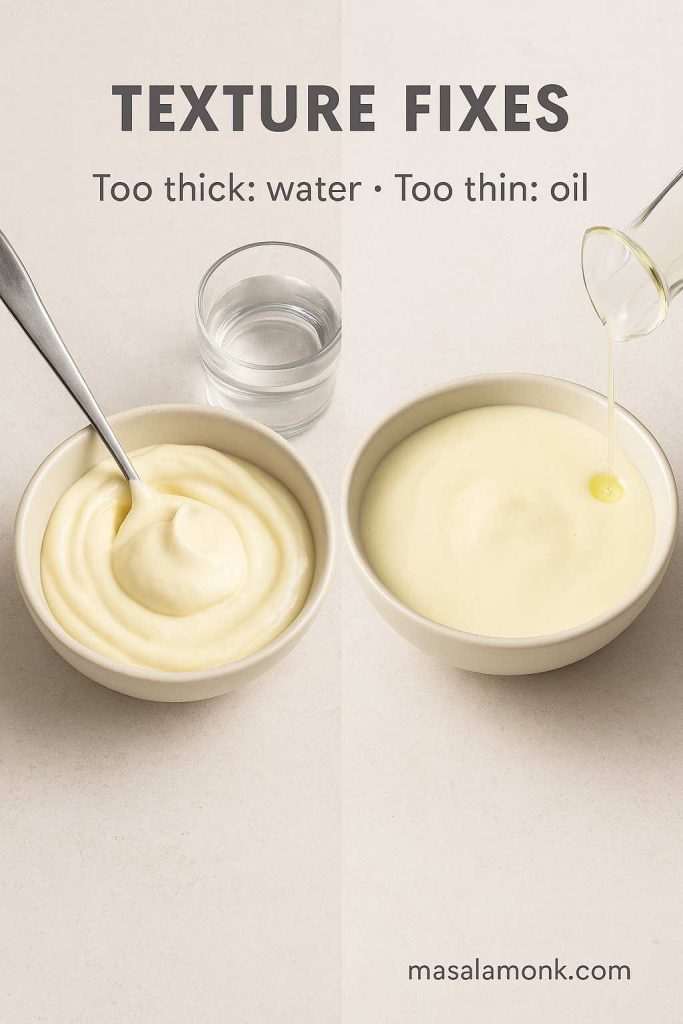 Mayonnaise texture fixes showing how to thin mayo with water and thicken runny mayo by emulsifying in more oil.