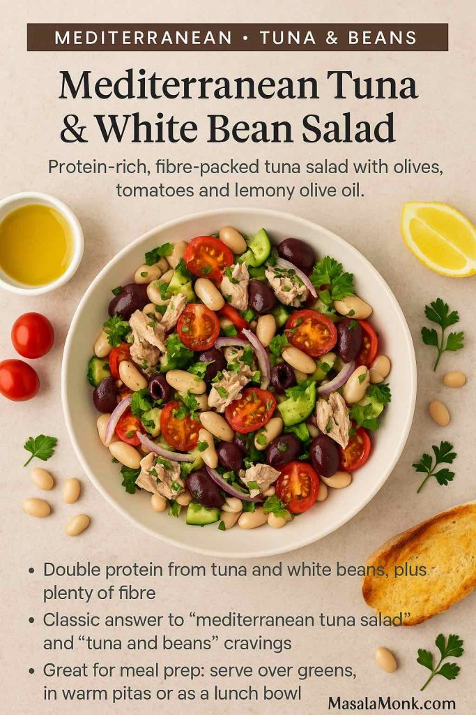 Mediterranean tuna and white bean salad with cherry tomatoes, olives, cucumber and herbs in a white bowl, served with olive oil and lemon on a stone background.