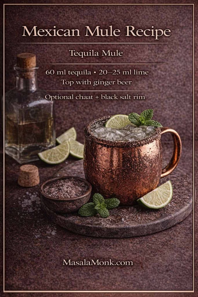 Mexican Mule recipe card (tequila mule) showing a copper mug with ice, lime and mint, plus text with measurements (60 ml tequila, 20–25 ml lime, top with ginger beer) and an optional chaat and black salt rim.