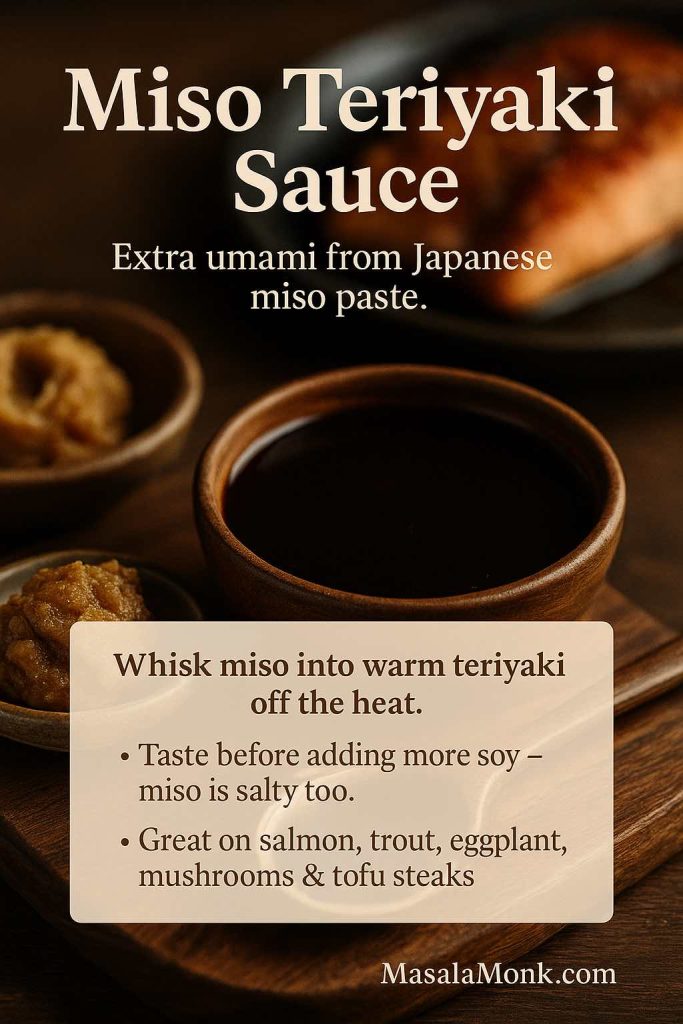 Vertical recipe card showing a wooden bowl of dark miso teriyaki sauce with small dishes of miso paste and grilled salmon in the background, plus text explaining how to whisk miso into warm teriyaki and use it on salmon, trout, eggplant, mushrooms and tofu steaks.