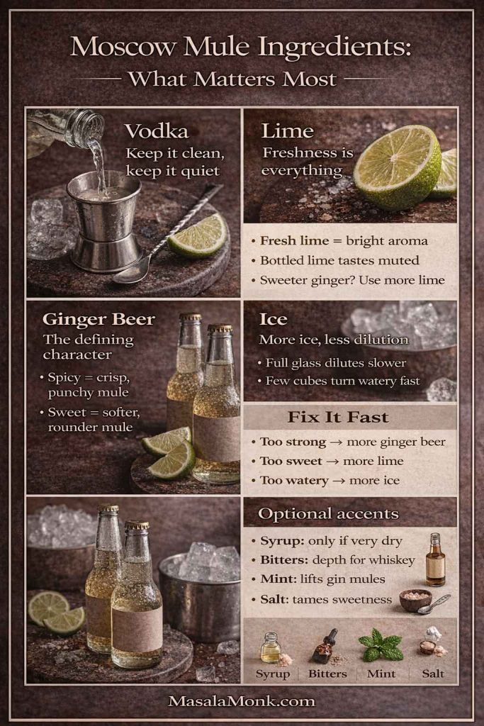 Moscow Mule ingredients infographic showing vodka, fresh lime, ginger beer and ice tips, plus “fix it fast” adjustments and optional accents like bitters, mint, syrup and salt for a better Moscow Mule recipe.