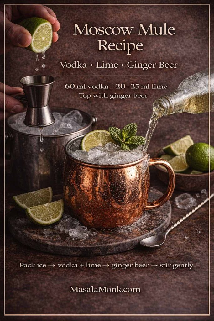Moscow Mule recipe card showing a copper mug with ice, lime and mint, plus overlay text with measurements (60 ml vodka, 20–25 ml lime, top with ginger beer) and quick build steps.