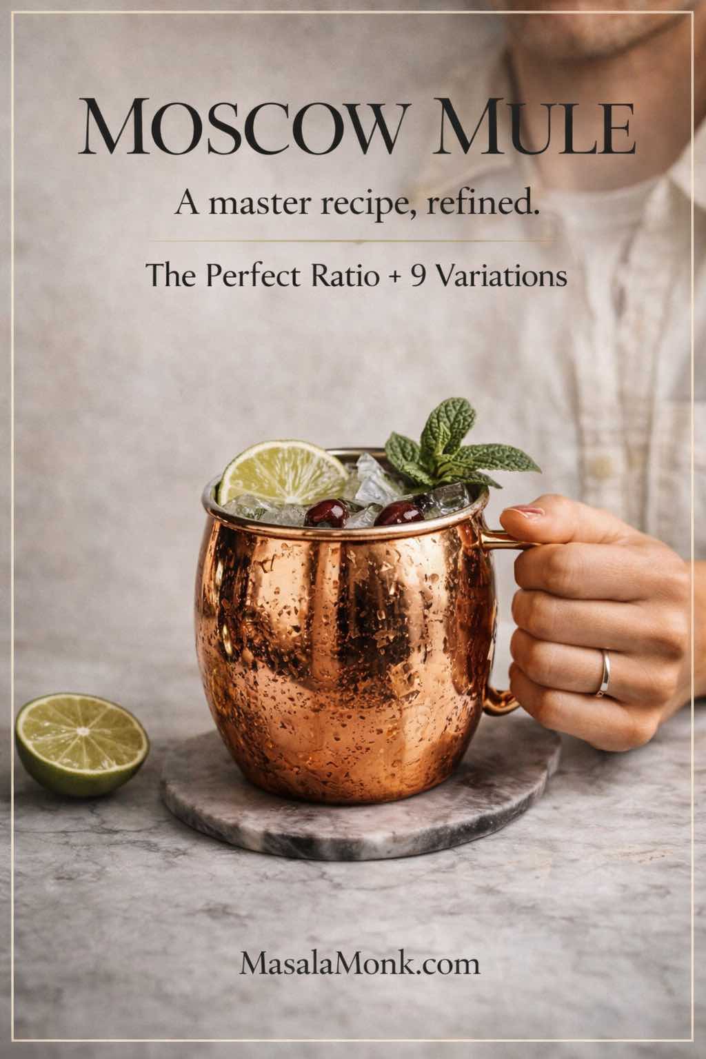 Photo-realistic Moscow Mule recipe cover showing a copper mug with ice, lime and mint, featuring the text “Moscow Mule – A master recipe, refined – The Perfect Ratio + 9 Variations” and MasalaMonk.com.