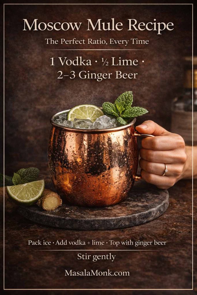 Moscow Mule recipe ratio card showing a copper mug with ice, lime and mint, with the text “Moscow Mule Recipe” and the ratio 1 vodka, ½ lime, 2–3 ginger beer.