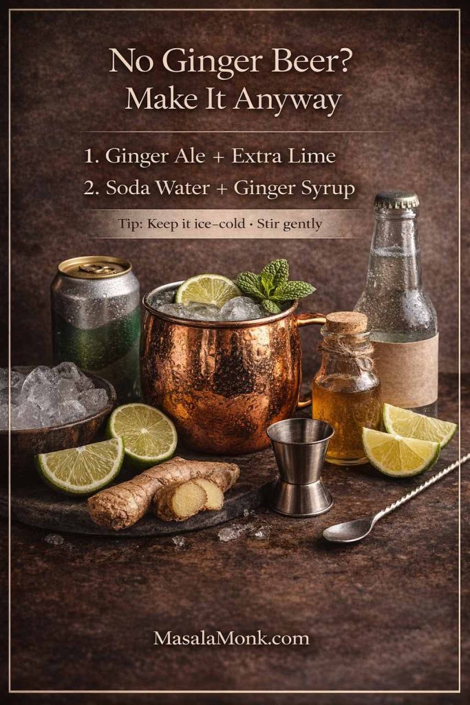 Moscow Mule recipe without ginger beer substitution card showing a copper mule mug with lime and mint, plus ginger ale, soda water, ginger syrup and fresh ginger, with tips for making a mule when ginger beer isn’t available.