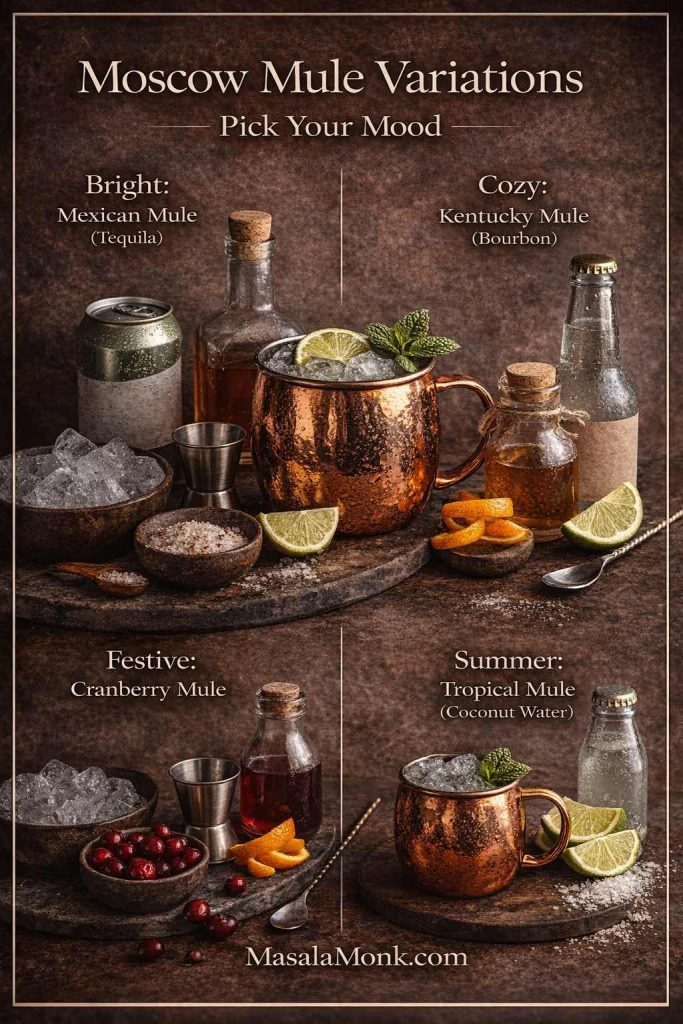 Moscow Mule variations selector card showing four options—Mexican Mule (tequila), Kentucky Mule (bourbon), Cranberry Mule, and Tropical Mule (coconut water)—with copper mule mugs and ingredients like lime, mint, cranberries, and orange peel.