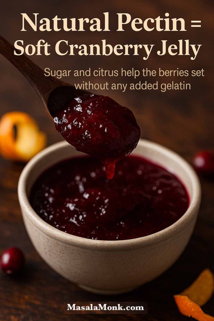 Close-up of a spoon lifting thick, gelled cranberry orange sauce from a bowl, with text reading “Natural Pectin = Soft Cranberry Jelly,” showing how the sauce sets without added gelatin.