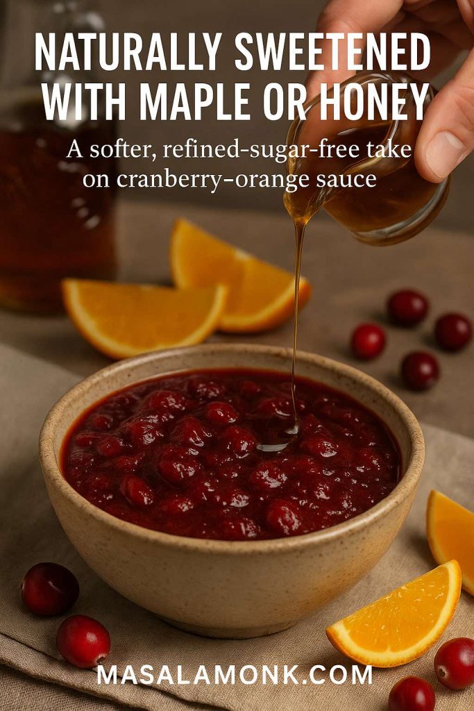 Close-up of a rustic bowl filled with cranberry orange sauce while a hand pours maple or honey syrup over the top, with orange wedges and fresh cranberries in the background.