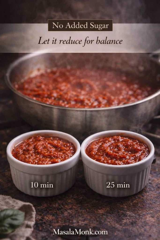 Two ramekins of marinara sauce labeled 10 min and 25 min in front of a simmering pot, showing how longer reduction naturally deepens flavor without added sugar.